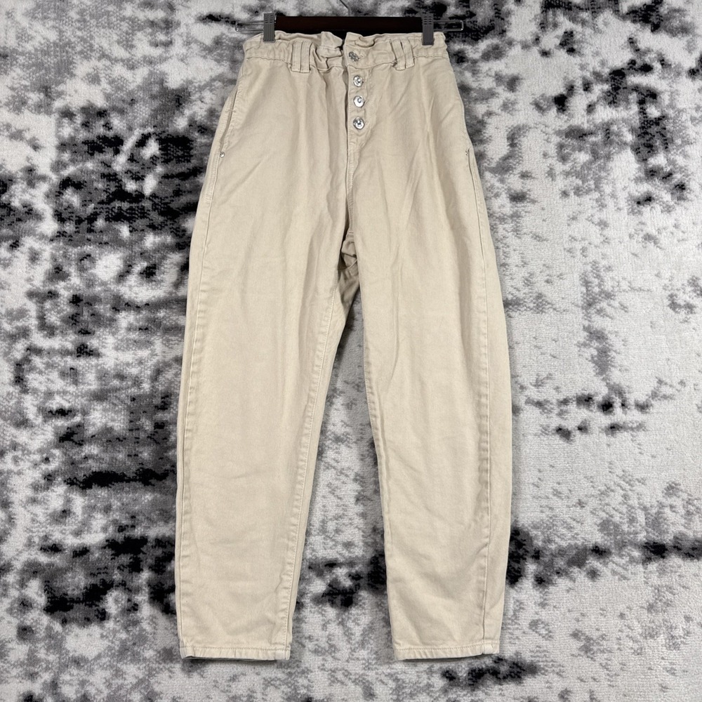Zara Paperbag Pants Womens Size 2 Beige Barrel Tapered Leg‎ High Rise Hippie